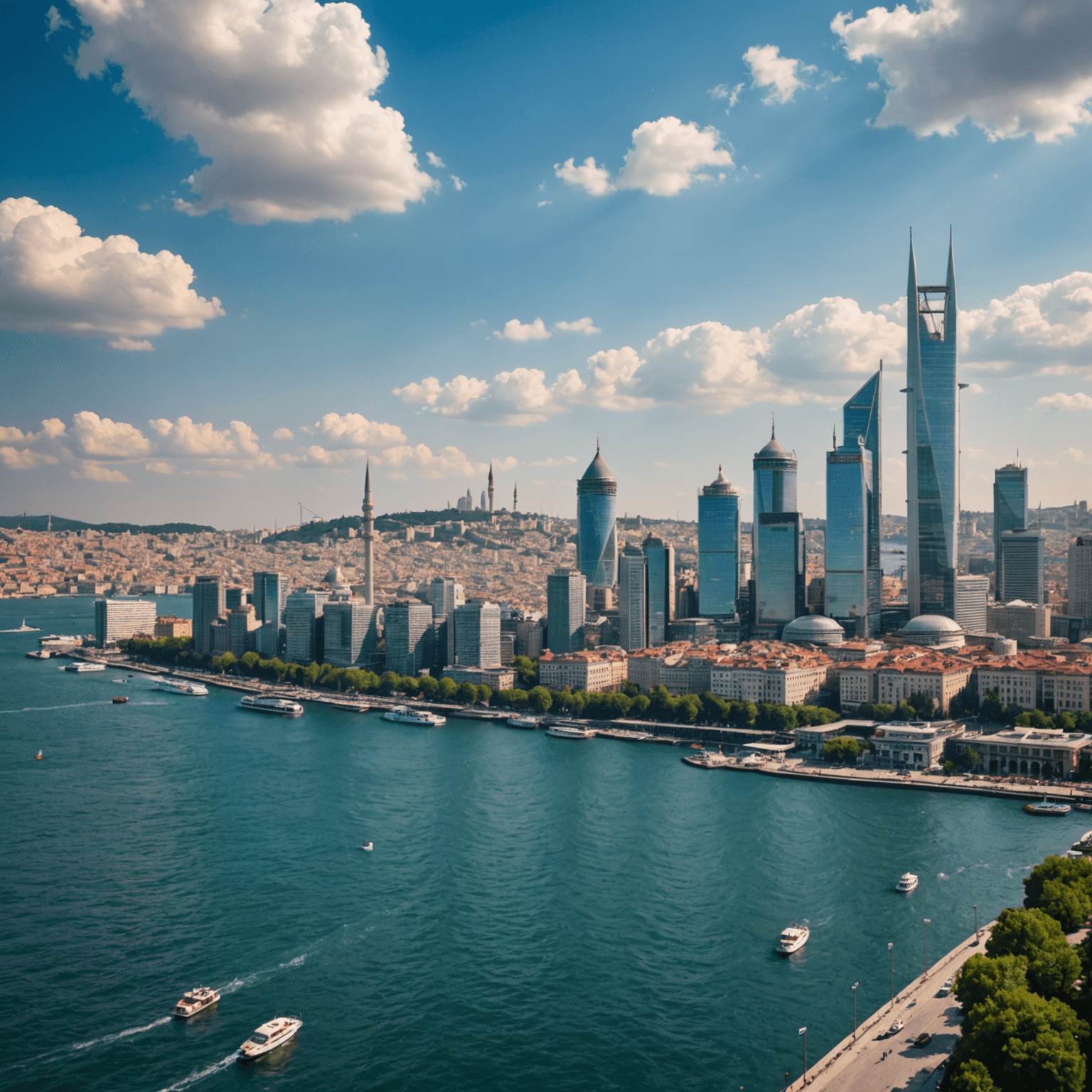 İstanbul'un finans bölgesinin panoramik görüntüsü, modern gökdelenler ve Boğaz manzarası