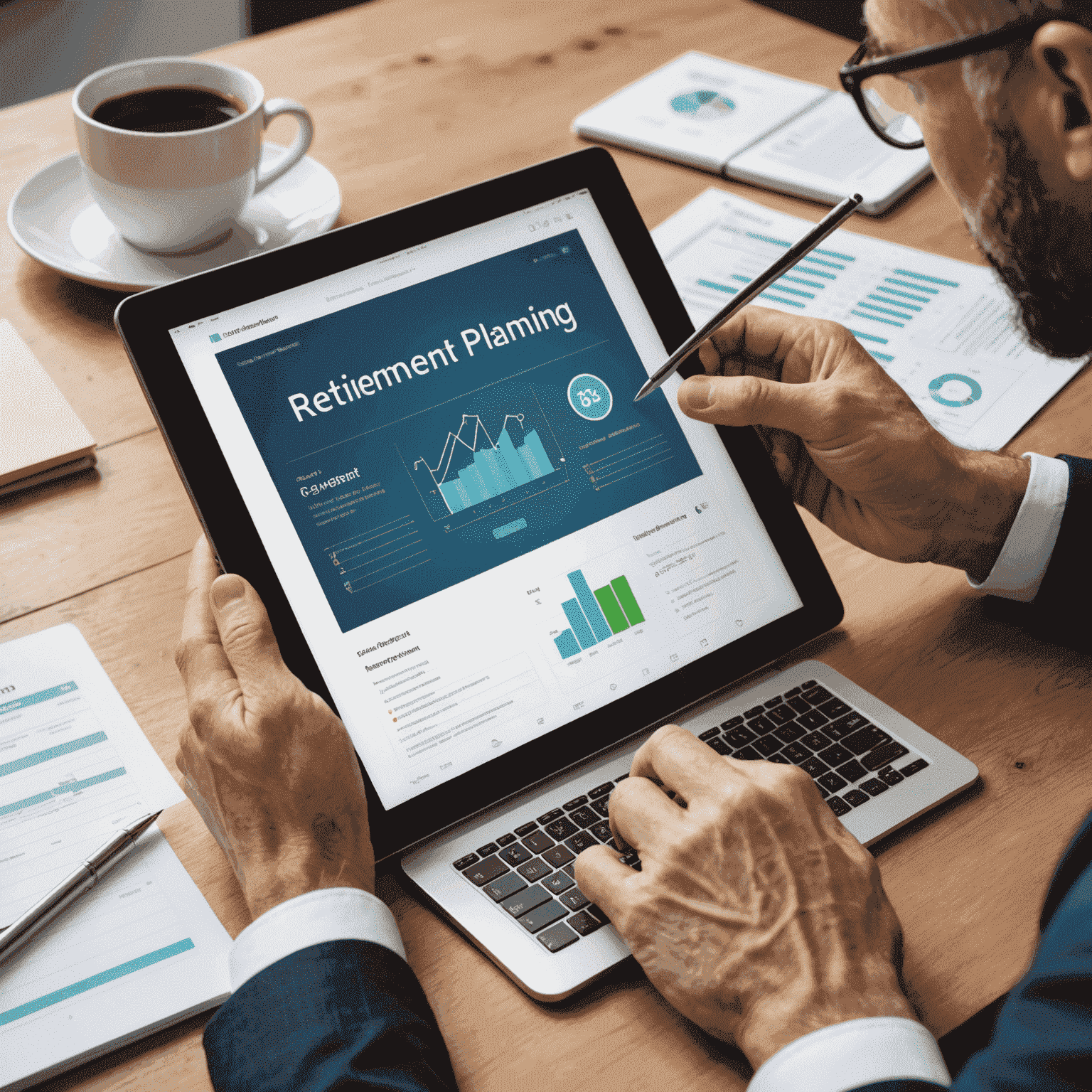 Bir masada oturan genç bir profesyonel, tablet üzerinde emeklilik planlama uygulaması kullanıyor. Ekranda grafikler ve yatırım seçenekleri görünüyor.