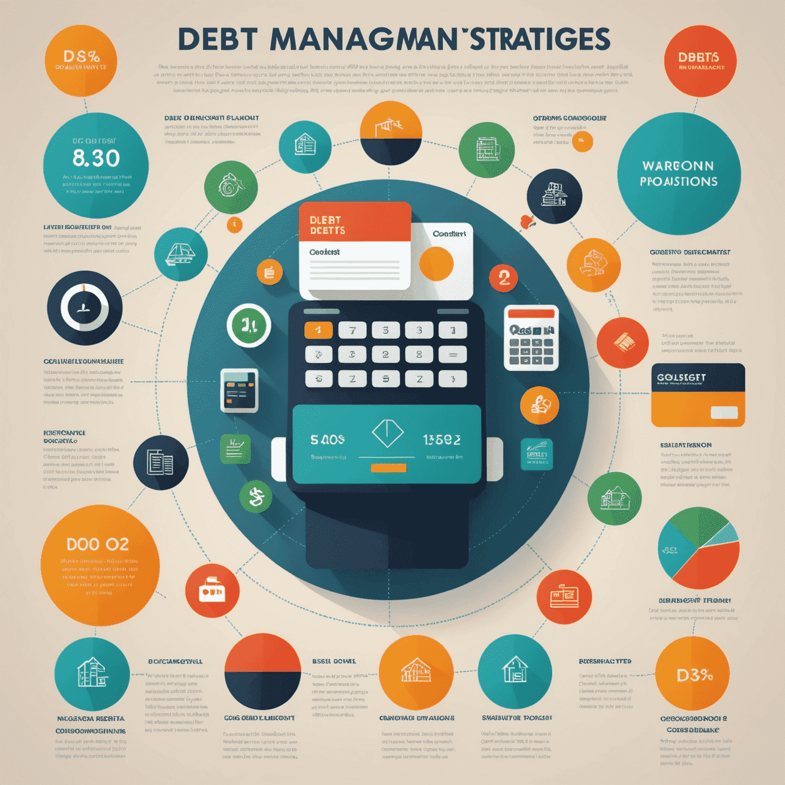 Borç yönetimi stratejilerini gösteren bir infografik. Kredi kartları, borç konsolidasyonu ve bütçe planlaması görselleri içeriyor.